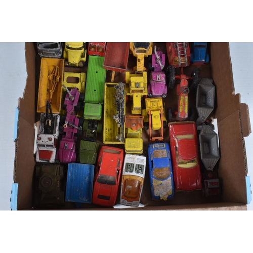 92 - TWO BOXES CONTAINING APPROXIMATELY SEVENTY DIECAST VEHICLES IN HEAVILY PLAYWORN CONDITION, together ... 