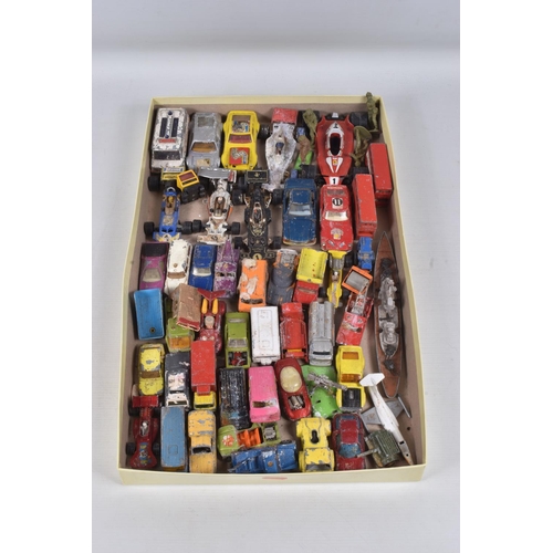 92 - TWO BOXES CONTAINING APPROXIMATELY SEVENTY DIECAST VEHICLES IN HEAVILY PLAYWORN CONDITION, together ... 