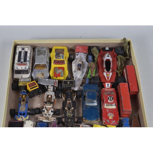 92 - TWO BOXES CONTAINING APPROXIMATELY SEVENTY DIECAST VEHICLES IN HEAVILY PLAYWORN CONDITION, together ... 