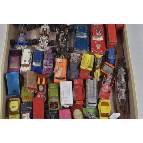 92 - TWO BOXES CONTAINING APPROXIMATELY SEVENTY DIECAST VEHICLES IN HEAVILY PLAYWORN CONDITION, together ... 