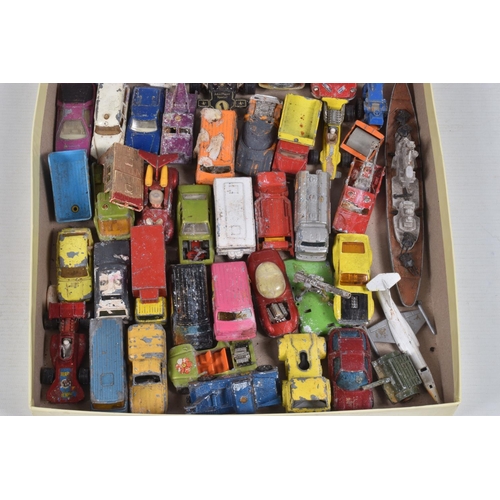 92 - TWO BOXES CONTAINING APPROXIMATELY SEVENTY DIECAST VEHICLES IN HEAVILY PLAYWORN CONDITION, together ... 