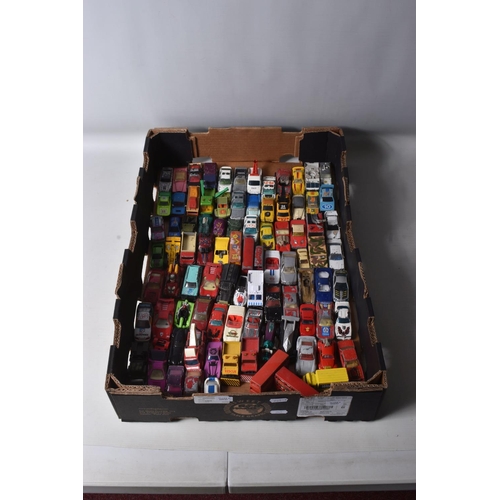 104 - A QUANTITY OF UNBOXED AND ASSORTED PLAYWORN DIECAST & PLASTIC VEHICLES, to include Matchbox, Husky, ... 