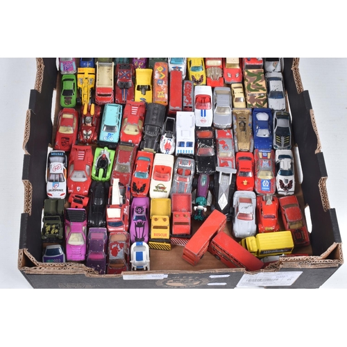 104 - A QUANTITY OF UNBOXED AND ASSORTED PLAYWORN DIECAST & PLASTIC VEHICLES, to include Matchbox, Husky, ... 