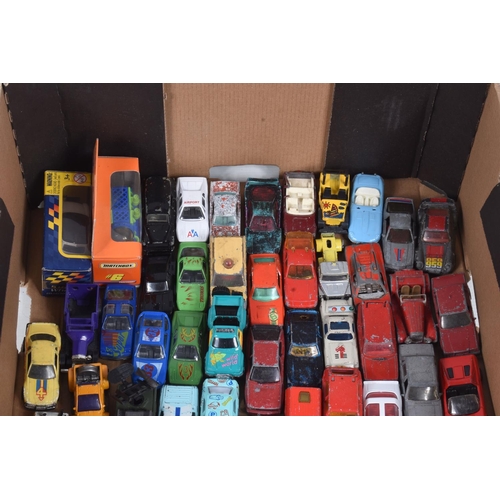 104 - A QUANTITY OF UNBOXED AND ASSORTED PLAYWORN DIECAST & PLASTIC VEHICLES, to include Matchbox, Husky, ... 