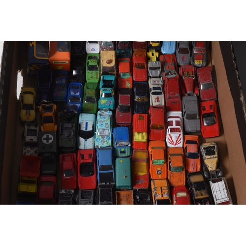 104 - A QUANTITY OF UNBOXED AND ASSORTED PLAYWORN DIECAST & PLASTIC VEHICLES, to include Matchbox, Husky, ... 