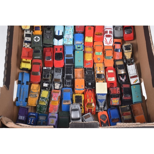 104 - A QUANTITY OF UNBOXED AND ASSORTED PLAYWORN DIECAST & PLASTIC VEHICLES, to include Matchbox, Husky, ... 