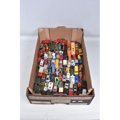 104 - A QUANTITY OF UNBOXED AND ASSORTED PLAYWORN DIECAST & PLASTIC VEHICLES, to include Matchbox, Husky, ... 