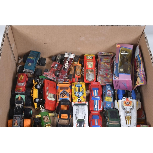 105 - A QUANTITY OF UNBOXED AND ASSORTED PLAYWORN DIECAST VEHICLES, to include assorted Corgi Toys cars fr... 