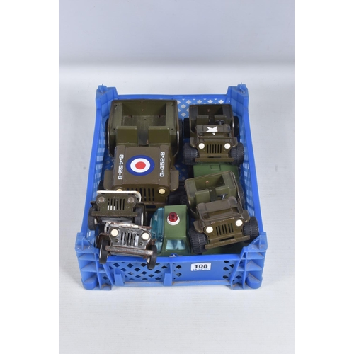 108 - FIVE TONKA TOYS U.S. ARMY WILLYS JEEPS, assorted scales and colour schemes, largest one missing wind... 