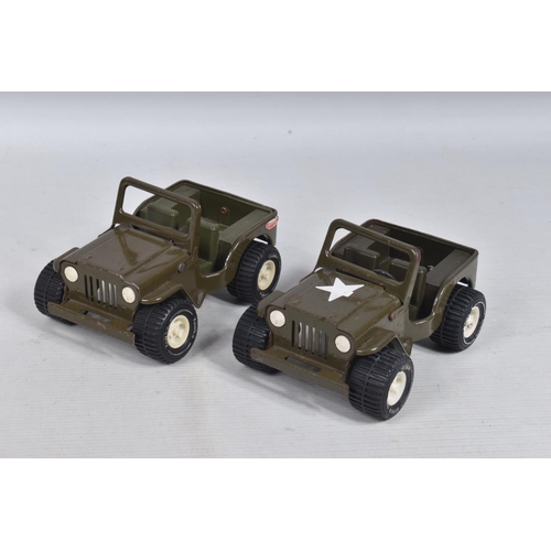 108 - FIVE TONKA TOYS U.S. ARMY WILLYS JEEPS, assorted scales and colour schemes, largest one missing wind... 