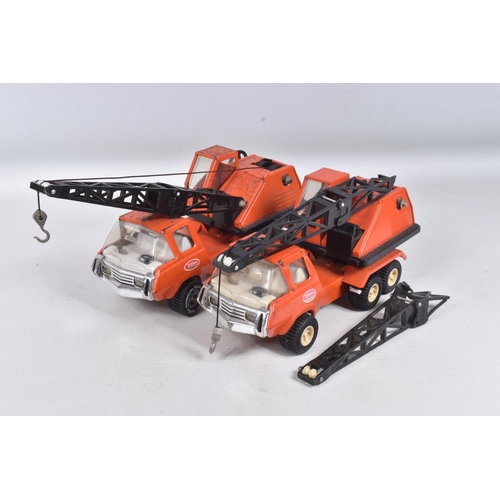 111 - SIX MINI TONKA TOYS LORRY/TRUCK MOUNTED CRANES, four in orange livery, the other two with red cab an... 