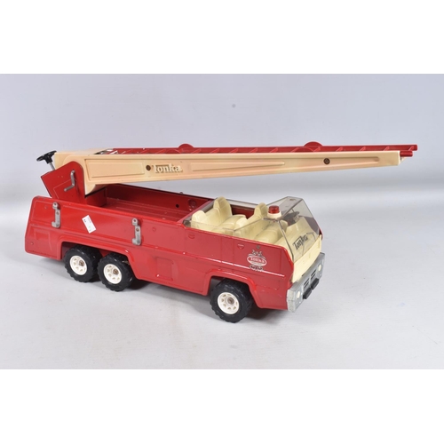 112 - TWO TONKA TOYS AERIAL LADDER FIRE TRUCKS, both ladders raise and lower, one has working extension la... 