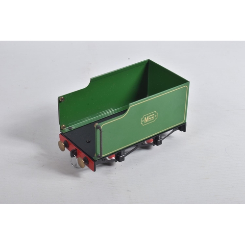 159 - AN UNBOXED MSS LIVE STEAM 0-4-0 LOCOMOTIVE AND TENDER, green and black livery with gold lining, not ... 