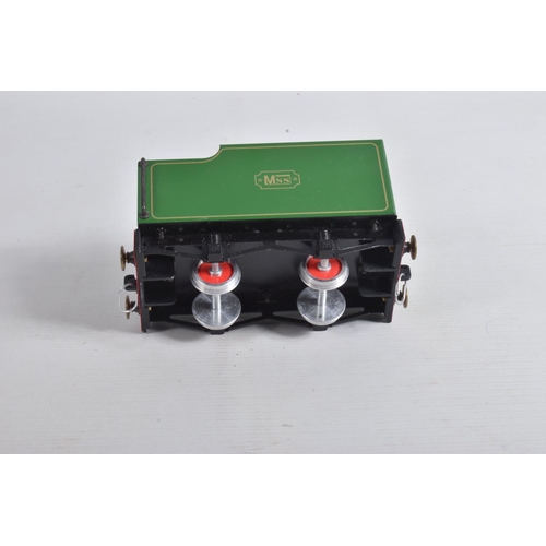 159 - AN UNBOXED MSS LIVE STEAM 0-4-0 LOCOMOTIVE AND TENDER, green and black livery with gold lining, not ... 