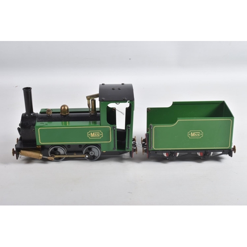 159 - AN UNBOXED MSS LIVE STEAM 0-4-0 LOCOMOTIVE AND TENDER, green and black livery with gold lining, not ... 