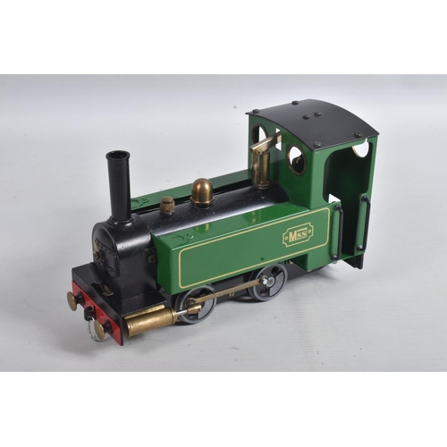 159 - AN UNBOXED MSS LIVE STEAM 0-4-0 LOCOMOTIVE AND TENDER, green and black livery with gold lining, not ... 