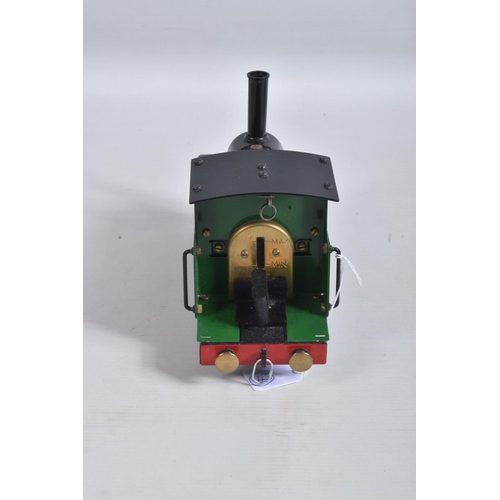 159 - AN UNBOXED MSS LIVE STEAM 0-4-0 LOCOMOTIVE AND TENDER, green and black livery with gold lining, not ... 