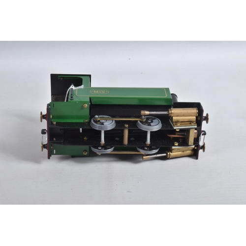 159 - AN UNBOXED MSS LIVE STEAM 0-4-0 LOCOMOTIVE AND TENDER, green and black livery with gold lining, not ... 