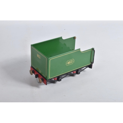 159 - AN UNBOXED MSS LIVE STEAM 0-4-0 LOCOMOTIVE AND TENDER, green and black livery with gold lining, not ... 