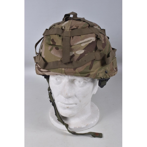 260 - BRITISH ARMED FORCES MK7 COMBAT HELMET, SAND COLOURED WITH CAMO COVER,ALL COMPLETE WITH STRAPS PADDI... 