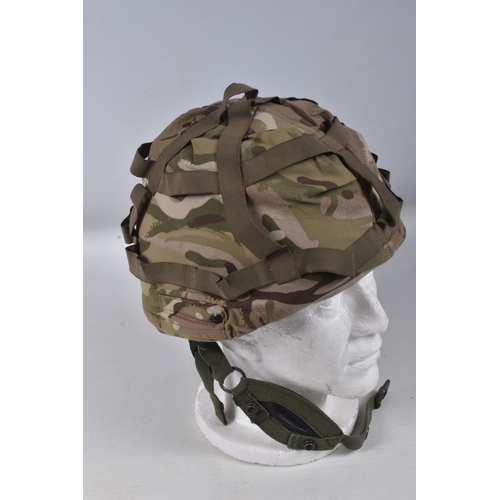 260 - BRITISH ARMED FORCES MK7 COMBAT HELMET, SAND COLOURED WITH CAMO COVER,ALL COMPLETE WITH STRAPS PADDI... 