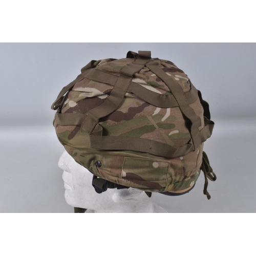 260 - BRITISH ARMED FORCES MK7 COMBAT HELMET, SAND COLOURED WITH CAMO COVER,ALL COMPLETE WITH STRAPS PADDI... 