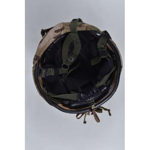 260 - BRITISH ARMED FORCES MK7 COMBAT HELMET, SAND COLOURED WITH CAMO COVER,ALL COMPLETE WITH STRAPS PADDI... 