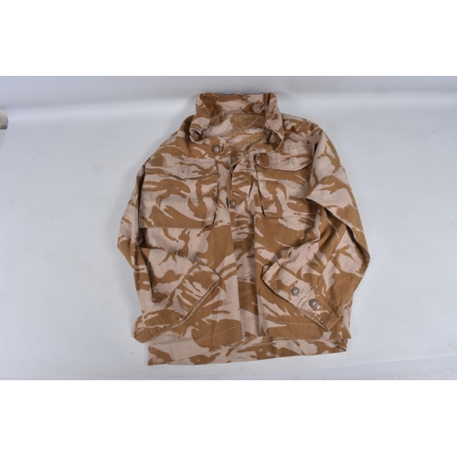 268 - BOX CONTAINING A NUMBER OF MILITARY UNIFORM ITEMS AS FOLLOWS, standard Camo shirt believed UK no lab... 