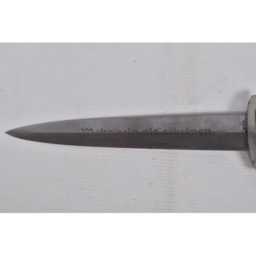 273 - A GERMAN THIRD REICH NPEA DAGGER WITH SCABBARD, this has a double edged blade with the motto Mehr se... 