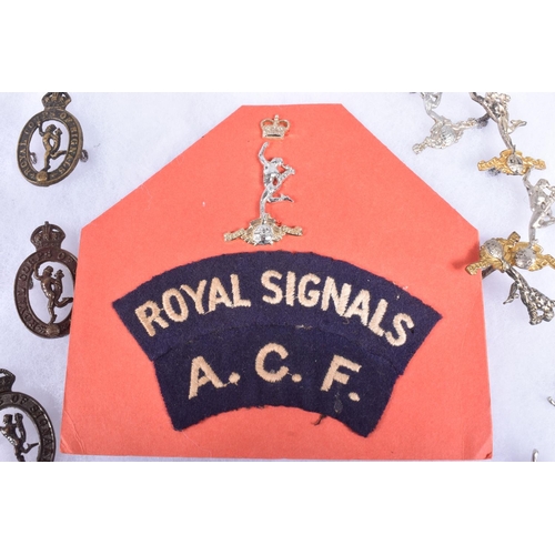 291 - MEDIUM SIZE RIKER STYLE GLAZED FRAME CONTAINING VERIOUS ROYAL CORPS OF SIGNALS INSIGNIA, including C... 