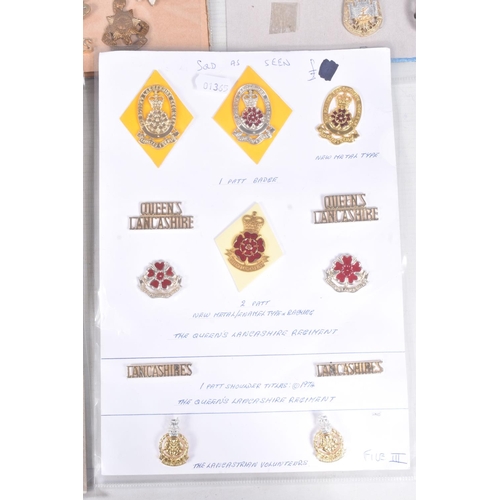 294 - FIVE A4 SIZE CARDS WITH VARIOUS BADGES, COLLAR DEVICES, CRESTS, PATCHES etc to include Argyle & Suth... 