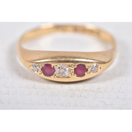 303 - AN 18CT GOLD RUBY AND DIAMOND BOAT RING, set with three old cut diamonds interspaced with two circul... 