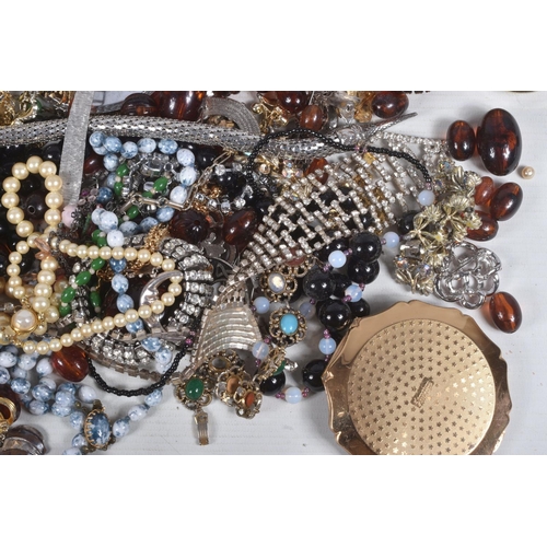 319 - A LARGE BAG OF ASSORTED COSTUME JEWELLERY AND ITEMS, to include mid to late 20th century paste neckl... 