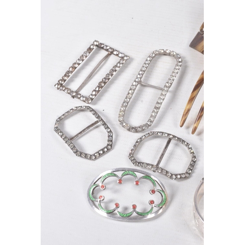 322 - A SILVER HINGED BANGLE, BELT BUCKLES AND A HAIR SLIDE, the silver bangle (clasp requires some attent... 