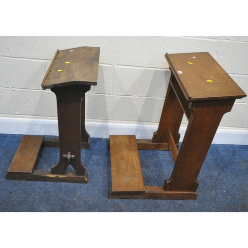 161 - TWO 20TH CENTURY OAK PRAYER KNEELERS, with sloped surfaces, a bible slot, and kneeling planks, the s... 