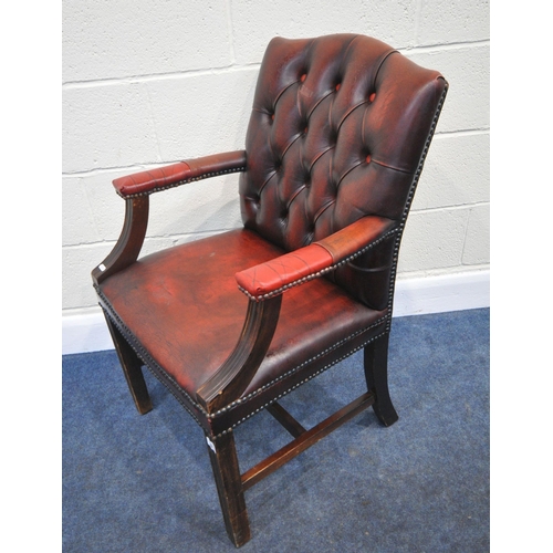 163 - A RED LEATHER BUTTON BACK GAINSBOROUGH CHAIR, with open armrests, width 55cm x depth 65cm x height 9... 