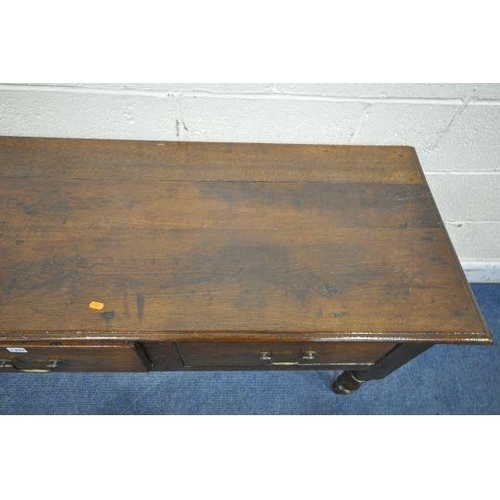 167 - A GEORGIAN AND LATER OAK DRESSER BASE, fitted with three drawers, raised on turned front legs, lengt... 