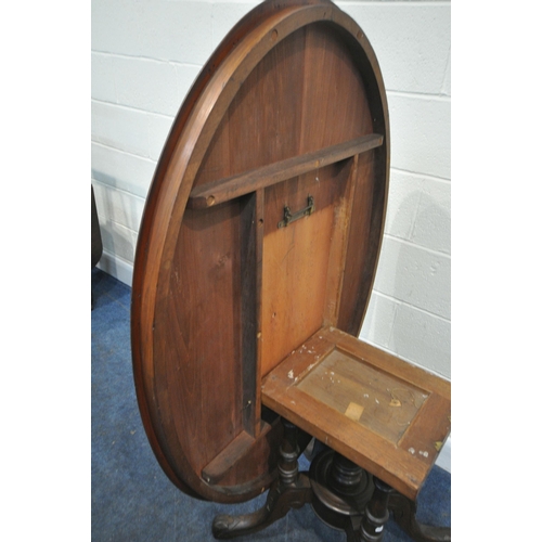 168 - AN OVAL BURR WALNUT TILT TOP LOO TABLE, with marquetry inlay, raised on turned supports, and shaped ... 