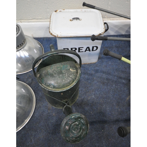 169 - A PAIR OF INDUSTRIAL DOMED LIGHT FITTINGS, two child's wheelbarrows, a bread bin, a watering can, al... 