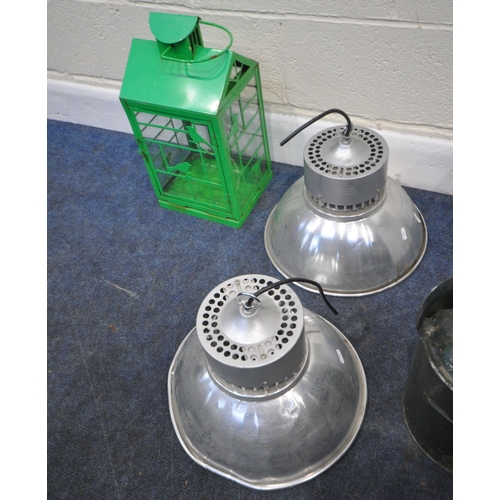 169 - A PAIR OF INDUSTRIAL DOMED LIGHT FITTINGS, two child's wheelbarrows, a bread bin, a watering can, al... 