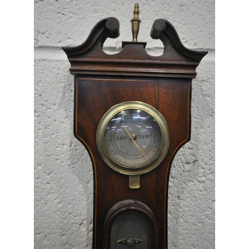 175 - A 20TH CENTURY MAHOGANY BANJO BAROMETER, with twin swan neck pediment, flanking a brass finial, and ... 