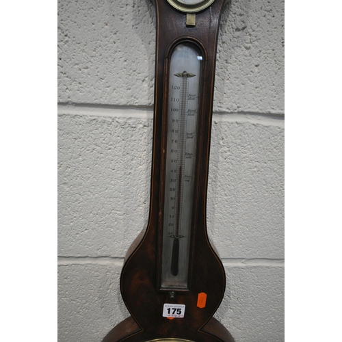 175 - A 20TH CENTURY MAHOGANY BANJO BAROMETER, with twin swan neck pediment, flanking a brass finial, and ... 