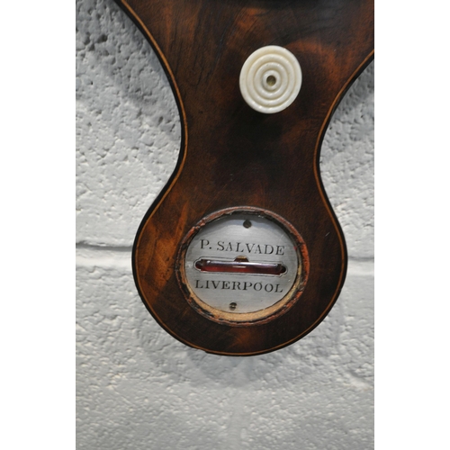 175 - A 20TH CENTURY MAHOGANY BANJO BAROMETER, with twin swan neck pediment, flanking a brass finial, and ... 