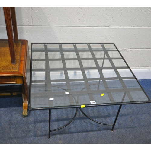 181 - A METAL FRAME COFFEE TABLE, with a glass top, 76cm squared x height 48cm, a drop leaf table, a pine ... 