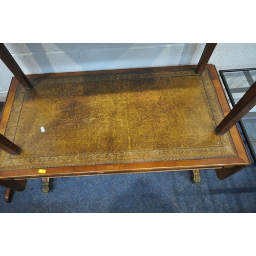 181 - A METAL FRAME COFFEE TABLE, with a glass top, 76cm squared x height 48cm, a drop leaf table, a pine ... 