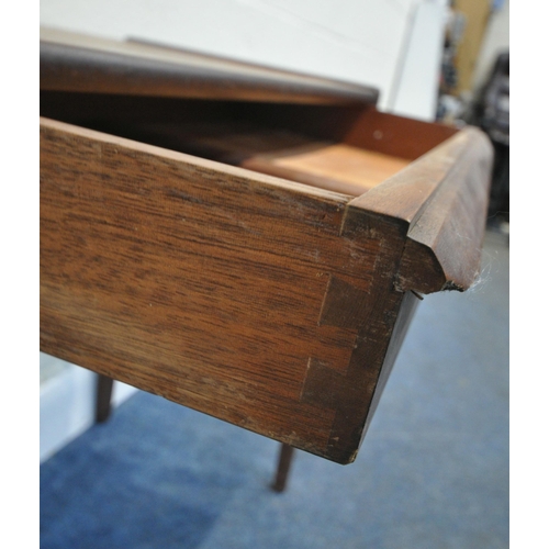 184 - POSSIBLY YOUNGER, A MID CENTURY TEAK HALL / SIDE TABLE, fitted with a single frieze drawer, raised o... 