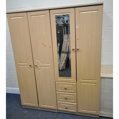 197 - TWO MODERN WARDROBES, one fitted with a large door, a small mirrored door, and three drawers, width ... 