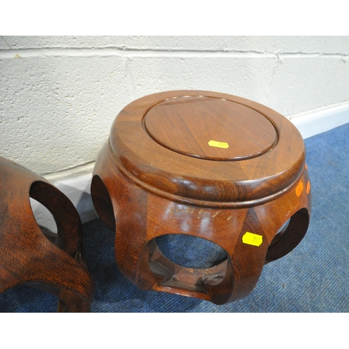 202 - A PAIR OF CHINESE HARDWOOD BARREL STOOLS, diameter 40cm x height 33cm, condition report: general sig... 