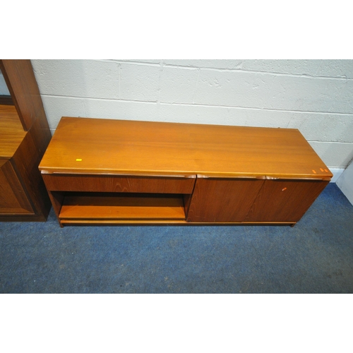 205 - THREE PIECES OF MID CENTURY TEAK FURNITURE, to include a wall cabinet, with double glass doors, atop... 