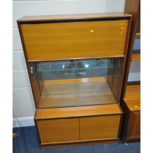 205 - THREE PIECES OF MID CENTURY TEAK FURNITURE, to include a wall cabinet, with double glass doors, atop... 